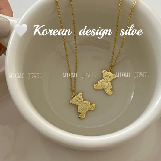 Korean Niche Design Cute Style Silver S925 Sterling Silver GoldJewelry  Bear Necklace Versatile Collarbone Chain