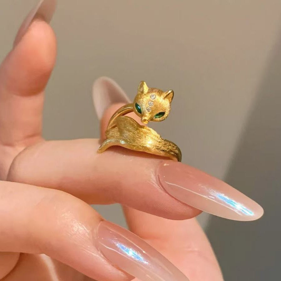 Italian Vintage Brushed Light Luxury High-End 925 Sterling Silver Brushed Nine-Tailed Fox Vintage Brushed Ring