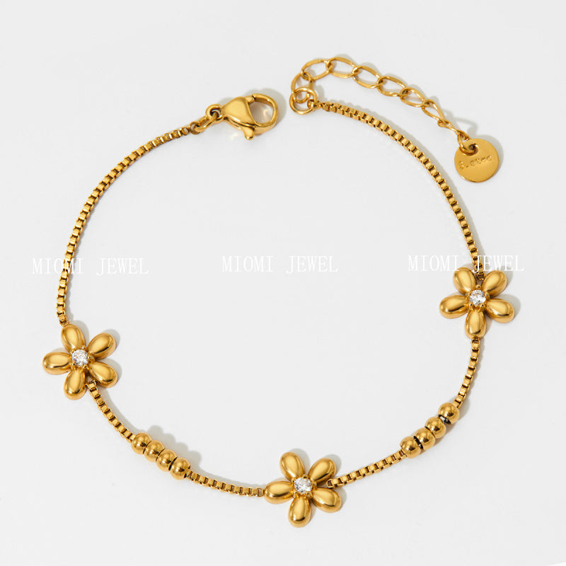 New Sweet Floral Round Bead Bracelet Stainless Steel Vacuum Plating Color Retention Exquisite Versatile Gentle Style Jewelry