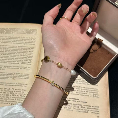 Pure Silver S925 Brushed Craft Small Gold Bean Tiger Eye Baroque Bracelet Vintage Light Luxury Elegant Atmosphere Autumn Winter Jewelry