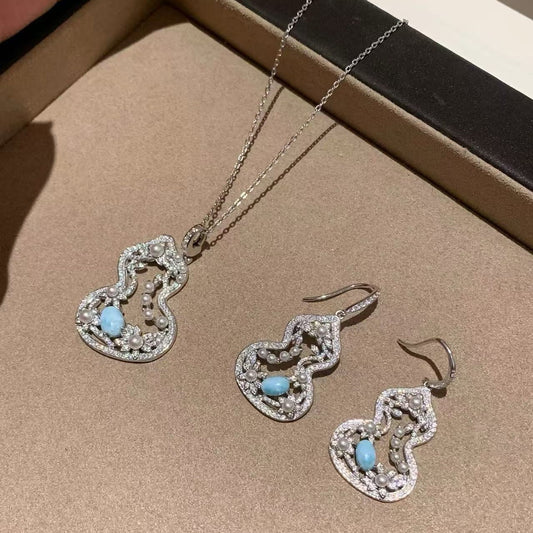 Sterling Silver S925 Autumn Winter Essential Natural Sea Grain Stone Pearl Gourd Necklace Earrings Set Light Luxury Niche Versatile