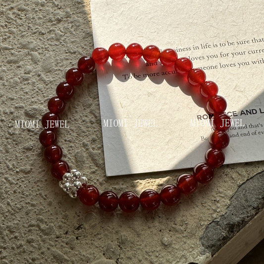 New Year Edition S925 Sterling Silver Red Agate Bracelet Woven Silver Ball Bracelet Simple Fashionable Personalized Jewelry