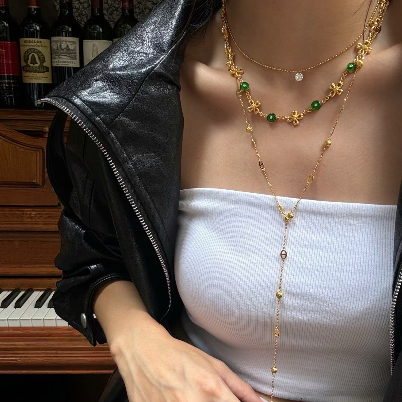 Pure Silver S925 Simple Personality Pig Nose Laser Cat Eye Bead Necklace Sweater Chain Light Luxury High-end Niche Versatile