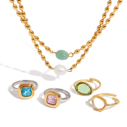 Titanium Steel Gold Bead Pearl Necklace Light Luxury Jewelry High-End Feel Stainless Steel Natural Stone Ring