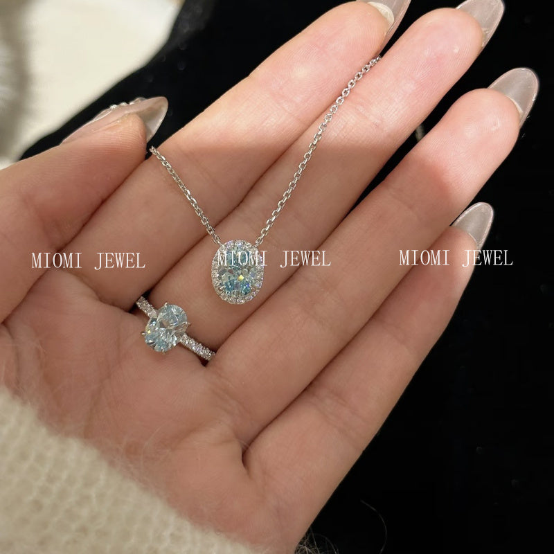 S925 Sterling Silver Aquamarine Water Drop Oval Ring Earrings Necklace Versatile High-End Niche Jewelry Set