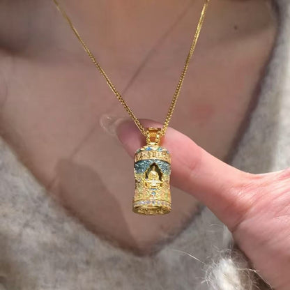Pure Silver S925 New Chinese Style Retro National Style Four-Faced Buddha Prayer Wheel Enamel Craft Necklace High-End Elegant Light Luxury