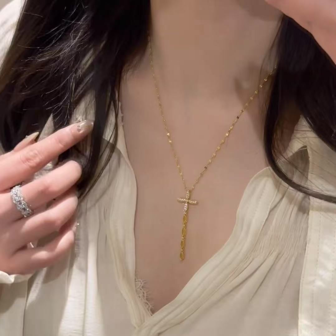 Pure Silver S925 High Carbon Diamond Cross Tassel Necklace High Aesthetic Versatile