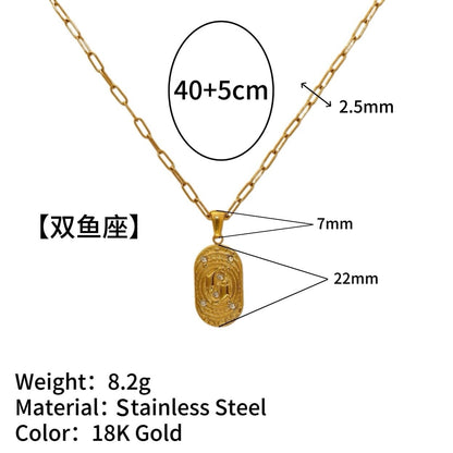 18K Gold Plated Zircon Embossed Ancient Method Pendant Zodiac Titanium Steel Necklace