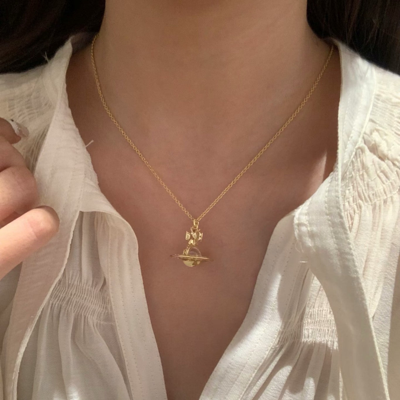 Sterling Silver S925 Double A White Crystal Saturn Sparkling Diamond Necklace High-End Sensibility Smart Niche Exquisite Light Luxury Clavicle Chain