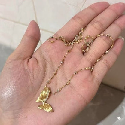 Sterling Silver s925French Retro Brushed Butterfly Necklace and Earring Set Niche Zircon Collarbone Chain