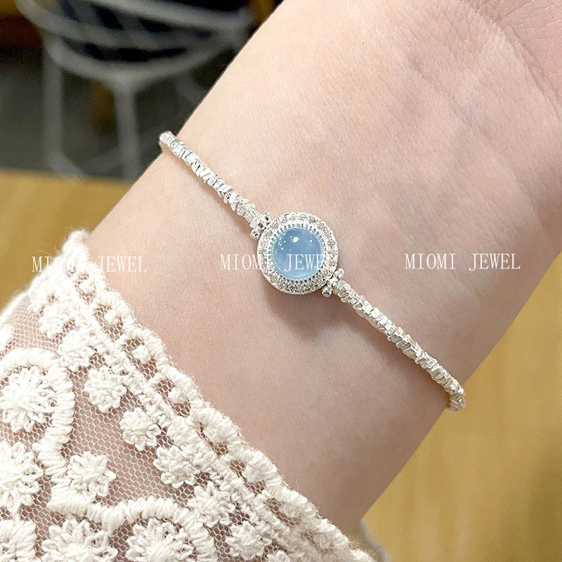 S925 Sterling Silver Natural Aquamarine Broken Silver Bracelet for Women, Ins Style, Fresh and Sweet, Simple Ice Crack Texture Bracelet