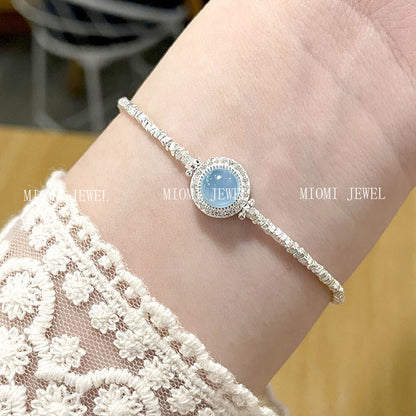 S925 Sterling Silver Natural Aquamarine Broken Silver Bracelet for Women, Ins Style, Fresh and Sweet, Simple Ice Crack Texture Bracelet