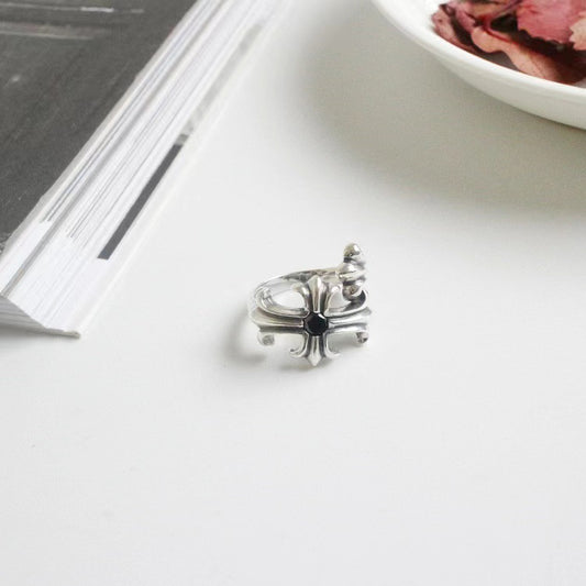 Pure Silver S925 Cross Carved Ring Japanese and Korean Trend Creative Retro Open Trendy Brand Cross Ring for Men and Women