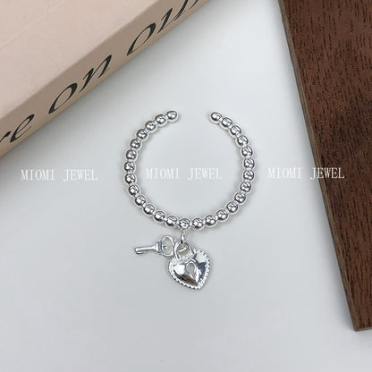 Real Shot S925 Sterling Silver Sweet Heart Key Ring for Women, Ins Niche Design, Simple Round Bead Open Index Finger Ring