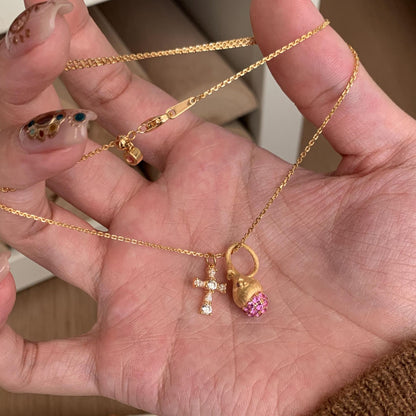 S925 Sterling Silver Brushed Pinecone Cross Necklace Exquisite Sweet Pink Diamond Pendant Niche Design Sense Clavicle Chain