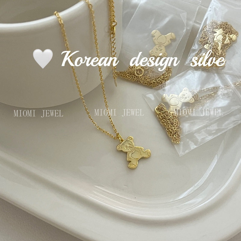 Korean Niche Design Cute Style Silver S925 Sterling Silver GoldJewelry  Bear Necklace Versatile Collarbone Chain