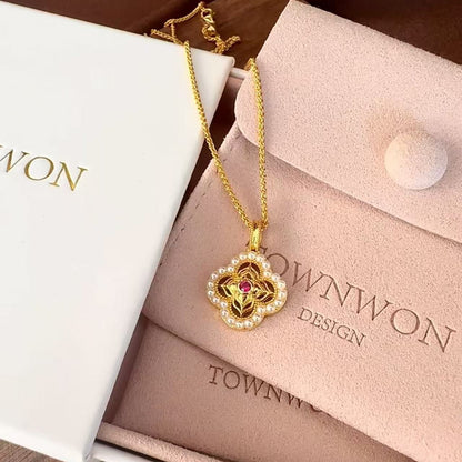 New Chinese Style Red Corundum Paper-cut Window Flower Pearl Necklace Light Luxury High-end Versatile