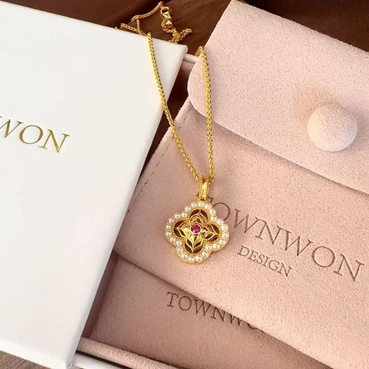 New Chinese Style Red Corundum Paper-cut Window Flower Pearl Necklace Light Luxury High-end Versatile