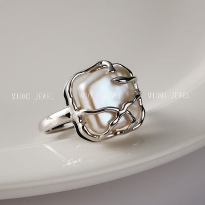 Weian S925 Sterling Silver Ring with Pearl, Spanish Designer Style, Niche Baroque Ring J0057