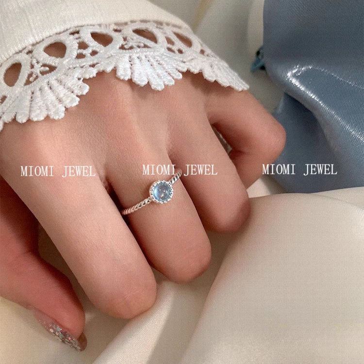 S925 Sterling Silver Natural Aquamarine Ring for Women Braided Round Ring