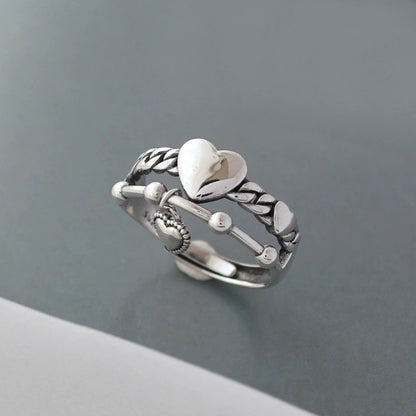 Korean Version 925 Sterling Silver Vintage Distressed Heart Chain Ring Niche Personality Fashion Open Finger Ring for Women