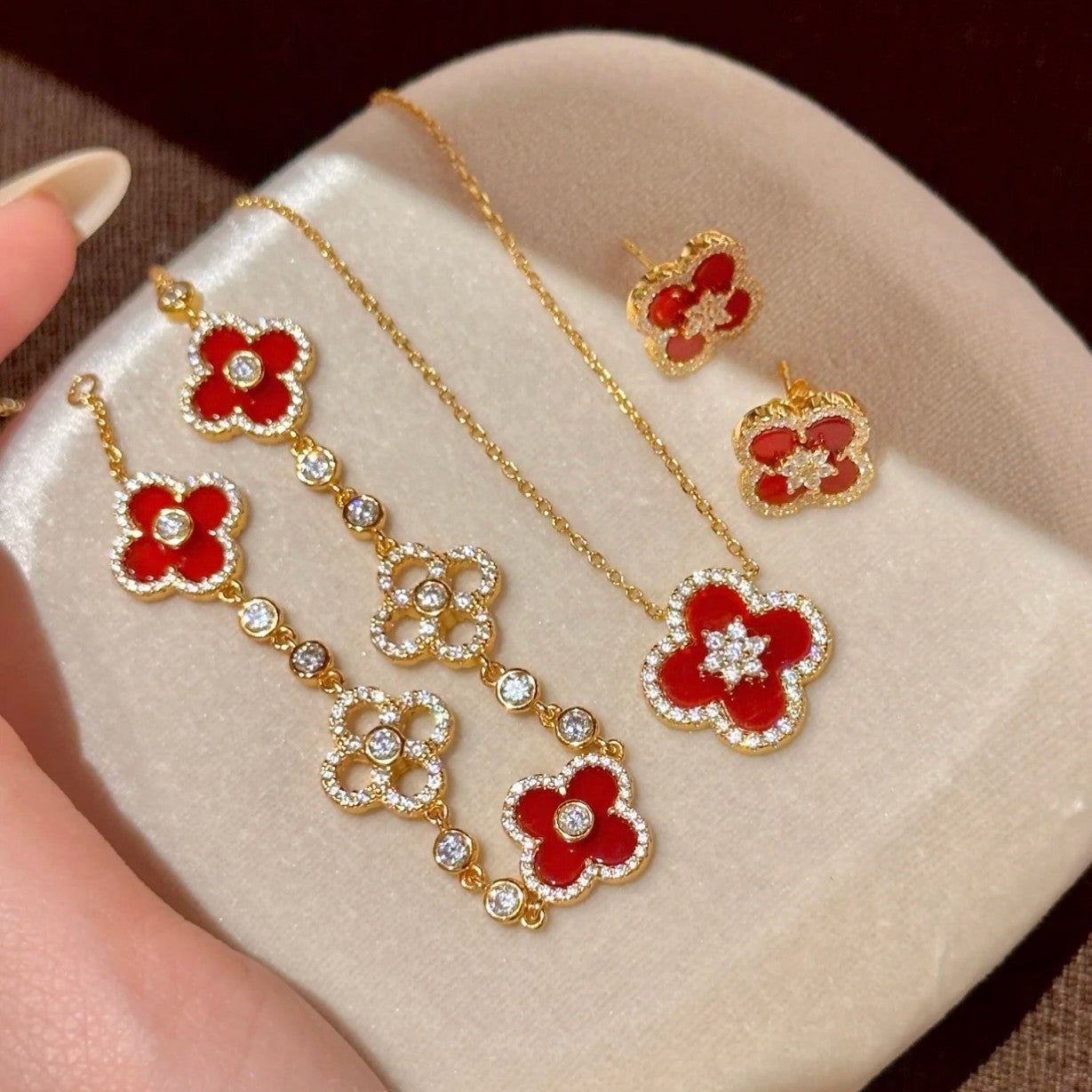 Sterling Silver S925 Four-Leaf Clover Red Agate Necklace Earrings Bracelet Set Fashion Versatile Personality Light Luxury High-End Jewelry