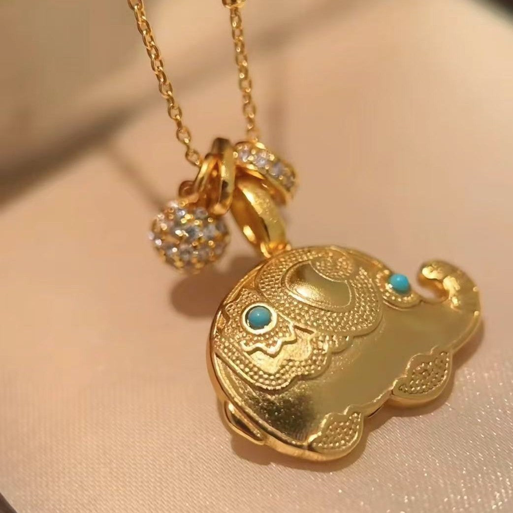 Pure Silver S925 Ethnic National Style Ancient Method Gold Elephant Turquoise Necklace Lucky Fortune Harvest Necklace Light Luxury Fashion
