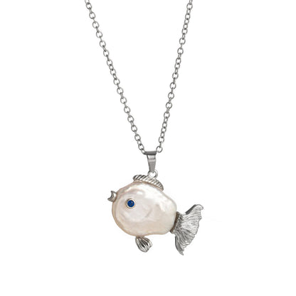 Ocean World Little Witch Necklace Natural Pearl Bighead Fish Pendant Jewelry Goldfish Kissing Fish Clavicle Chain Color Retention