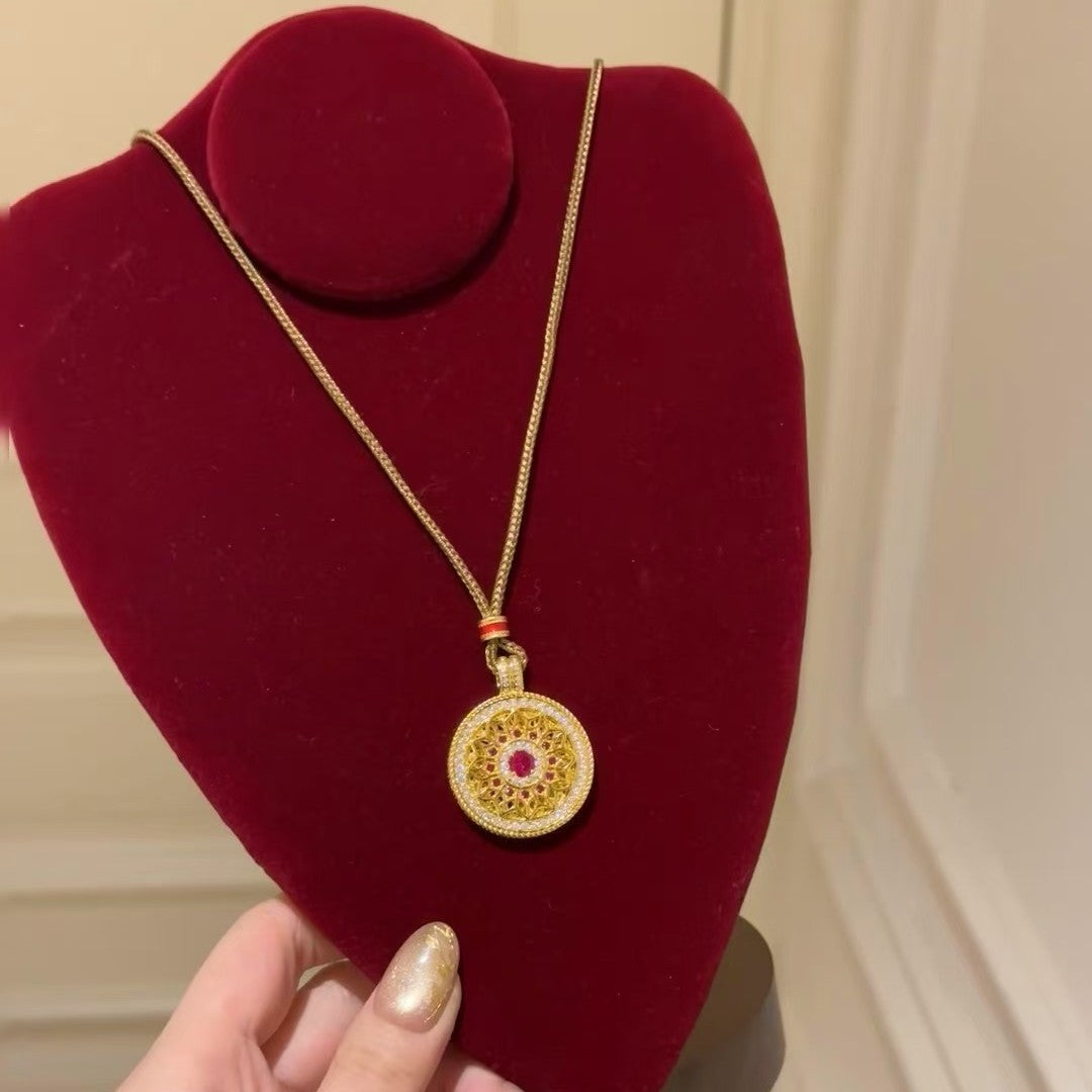 Pure Silver S925 Chinese Style Rose Window Eight Treasures Compass Brown Rope Sweater Chain New Year Series