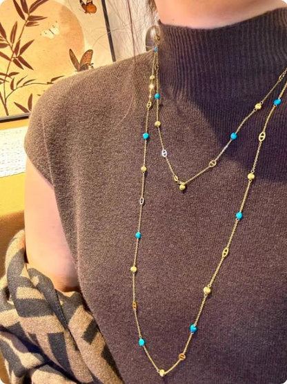 Sterling Silver S925Pig Nose Blue Turquoise Cat Eye Sweater Chain Niche Design Light Luxury High-end Layered Long Collarbone Chain