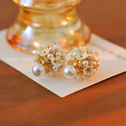 S925 Silver Needle Front and Back Two-Way Wear Flower Cluster Earrings Niche Design Three-Dimensional Small Ball Pearl Shell Flower Stud Earrings