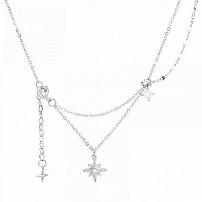S925 Sterling Silver Sparkling Diamond Hexagram Necklace for Women Minimalist Double Layer Tassel Collarbone Chain