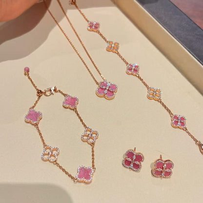 Pure Silver S925 Natural Rhodonite Four-Leaf Clover Necklace Bracelet Earrings Set for Women Fashionable Versatile Personality