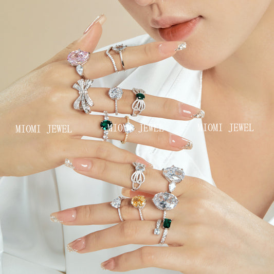High Carbon Diamond Ring for Women S925 Sterling Silver Zircon Ring Colored Gemstone Ring Wholesale TikTok Cross-Border Live Streaming