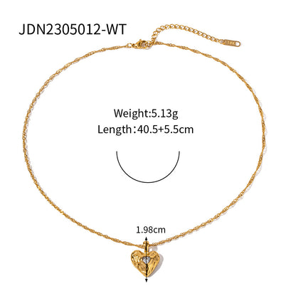 INS Style New Titanium Steel Necklace 18k Gold Stainless Steel Heart Hammer Pattern Zircon Inlaid Pendant Necklace Women's Jewelry