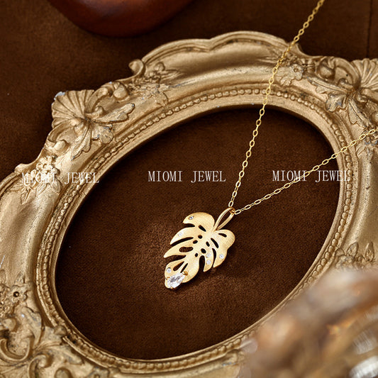 S925 Sterling Silver Vintage Style Brushed Pointed Diamond Gold Branch Jade Leaf Necklace Exquisite Niche Design Leaf Pendant Collarbone Chain