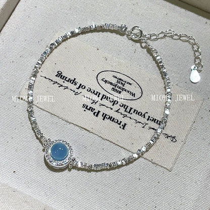 S925 Sterling Silver Natural Aquamarine Broken Silver Bracelet for Women, Ins Style, Fresh and Sweet, Simple Ice Crack Texture Bracelet