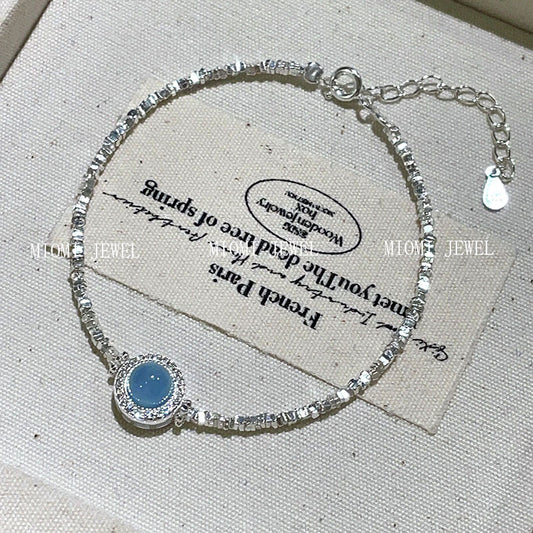 S925 Sterling Silver Natural Aquamarine Broken Silver Bracelet for Women, Ins Style, Fresh and Sweet, Simple Ice Crack Texture Bracelet