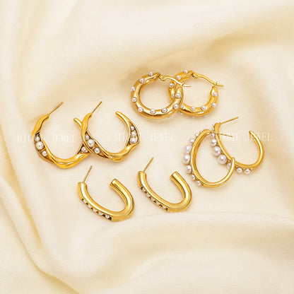 18k Gold Inlaid Pearl Circle Earrings Light Luxury High-end Feel Non-fading Titanium Steel Water Drop C-shaped Ear Jewelry