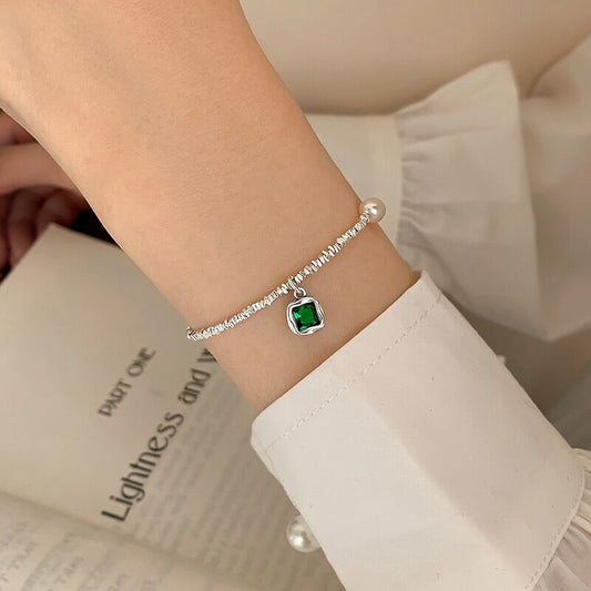 S925 Sterling Silver Green Zircon Crushed Silver Pearl Bracelet for Women, Light Luxury High-End Feel, Niche Design, Best Friend Bracelet