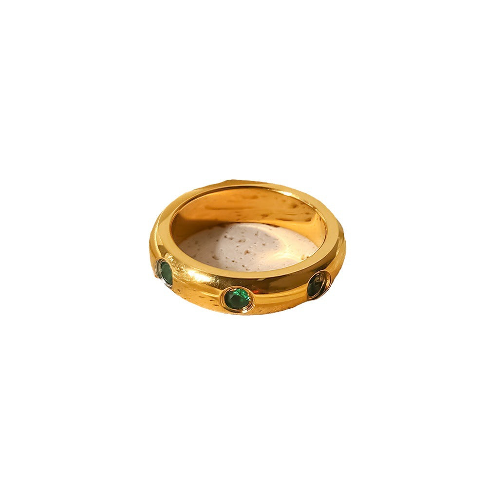 INS Style Internet Celebrity Jewelry 18K Gold Stainless Steel Inlaid Green Zircon Ring Women's Fashion Versatile Ring