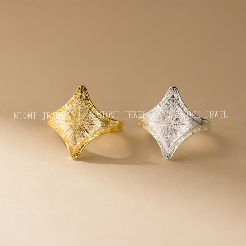 S925 Sterling Silver Vintage Light Luxury Brushed Four-Pointed Star Ring Open Design Sense Hand Jewelry for Women