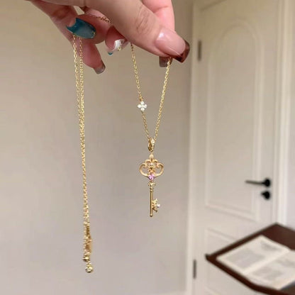 Sterling Silver S925Brushed Craft Iris Flower Fairy Wand Key Necklace for Women, Niche Light Luxury High-end Collarbone Chain