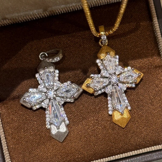 Sterling Silver S925 Brushed Craft High Carbon Diamond Cross Necklace Vintage Mid-Ancient Light Luxury High-End Niche Design