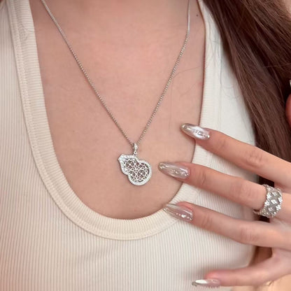 Pure Silver S925 Brushed Craft Lace Gourd Necklace Vintage Court Style High-end Feel Elegant Versatile Unique