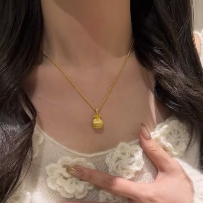 S925Pure Silver New Chinese Style Brushed gold Small Lucky Bag Pendant Necklace Autumn Winter Exquisite High-Value Collarbone Chain