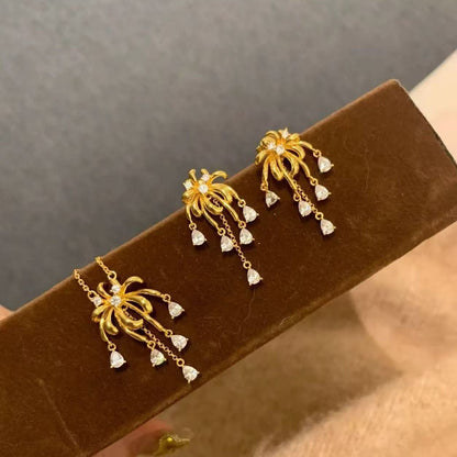 Pure Silver S925 High Carbon Diamond Fireworks Earrings Necklace Adjustable Length Set Retro High-end Light Luxury Elegant