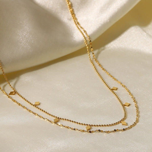 INS Style Classic Simple Necklace Jewelry 18K Gold Plated Stainless Steel Double Layer Tassel Sequin Bead Chain Necklace for Women