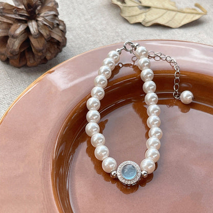 S925Sterling Silver Sparkling Diamond Aquamarine Pearl Bracelet for Women, Niche Light Luxury Elegant Bracelet with High-end Feel