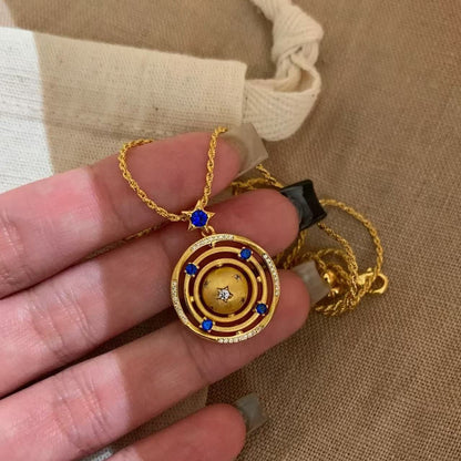 Sterling Silver S925Heavy Craft High-End Brushed Rotating Planet Necklace Niche Design Light Luxury Blue Diamond Star Collarbone Chain